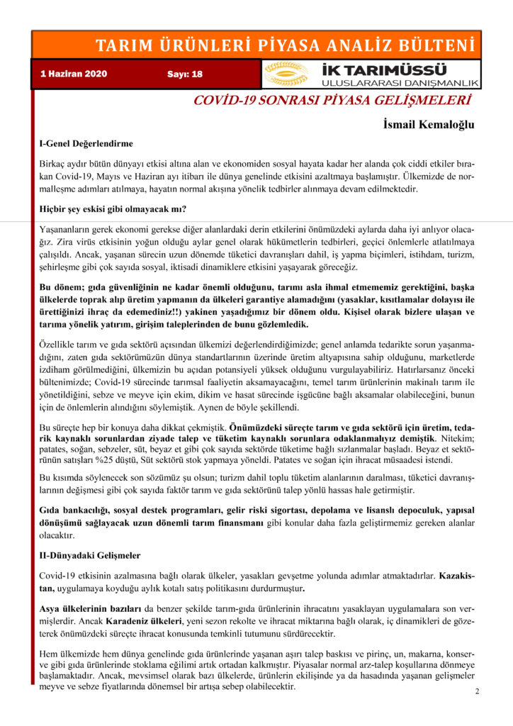 Tarım Piyasası Gelişmeleri