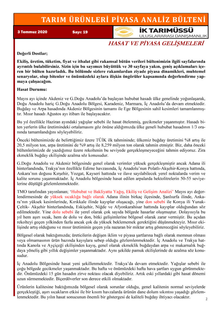 Tarım Piyasası Gelişmeleri